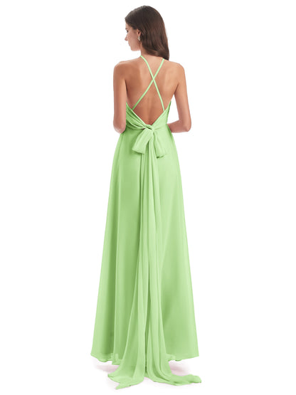Samira Sheath Floor Length Halter Split Chiffon Bridesmaid Dresses