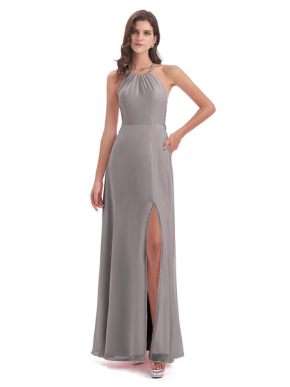 Samira Sheath Floor Length Halter Split Chiffon Bridesmaid Dresses