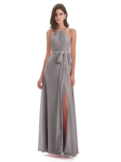 Samira Sheath Floor Length Halter Split Chiffon Bridesmaid Dresses