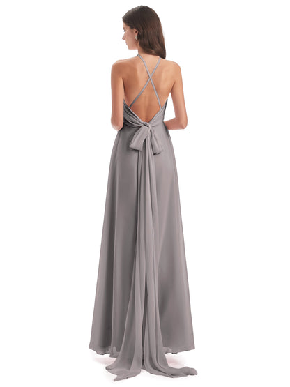 Samira Sheath Floor Length Halter Split Chiffon Bridesmaid Dresses