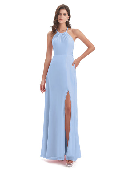 Samira Sheath Floor Length Halter Split Chiffon Bridesmaid Dresses