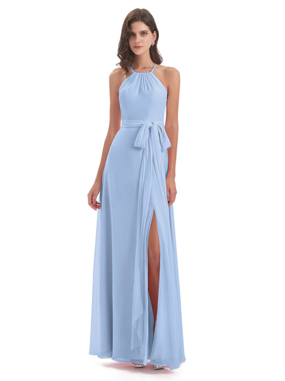 Samira Sheath Floor Length Halter Split Chiffon Bridesmaid Dresses
