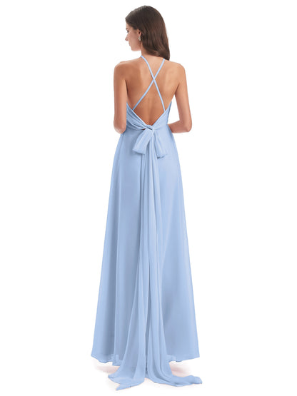 Samira Sheath Floor Length Halter Split Chiffon Bridesmaid Dresses