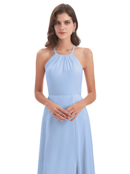 Samira Sheath Floor Length Halter Split Chiffon Bridesmaid Dresses