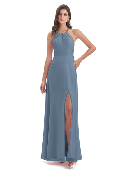 Samira Sheath Floor Length Halter Split Chiffon Bridesmaid Dresses