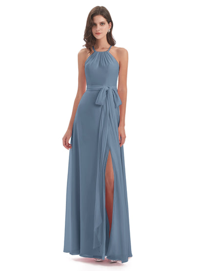 Samira Sheath Floor Length Halter Split Chiffon Bridesmaid Dresses