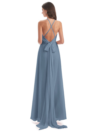 Samira Sheath Floor Length Halter Split Chiffon Bridesmaid Dresses