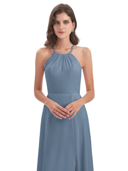 Samira Sheath Floor Length Halter Split Chiffon Bridesmaid Dresses