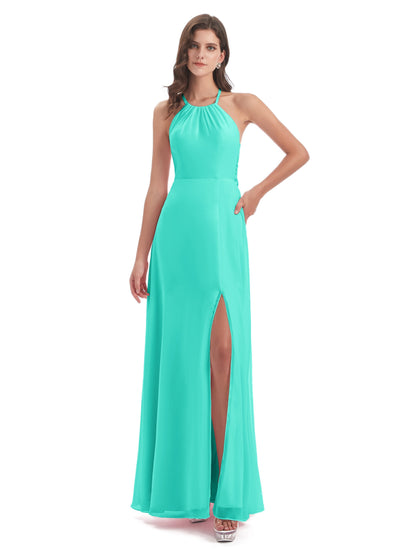 Samira Sheath Floor Length Halter Split Chiffon Bridesmaid Dresses