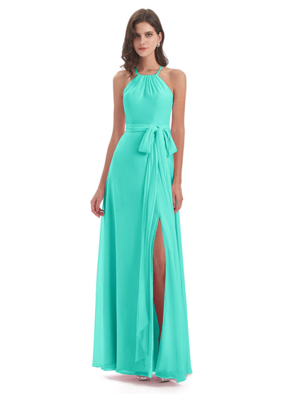 Samira Sheath Floor Length Halter Split Chiffon Bridesmaid Dresses