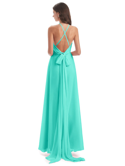 Samira Sheath Floor Length Halter Split Chiffon Bridesmaid Dresses