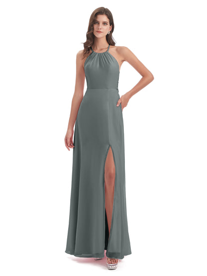 Samira Sheath Floor Length Halter Split Chiffon Bridesmaid Dresses