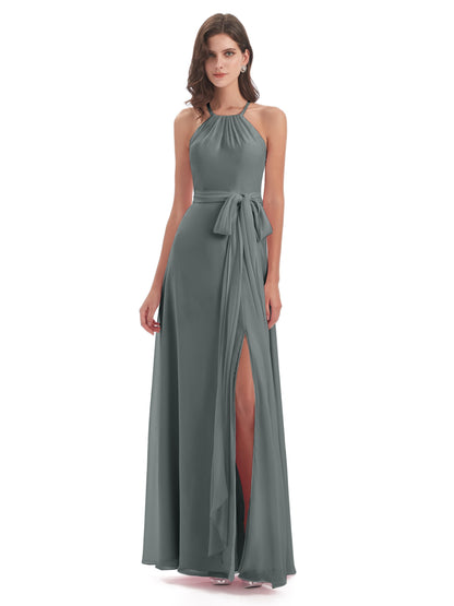 Samira Sheath Floor Length Halter Split Chiffon Bridesmaid Dresses