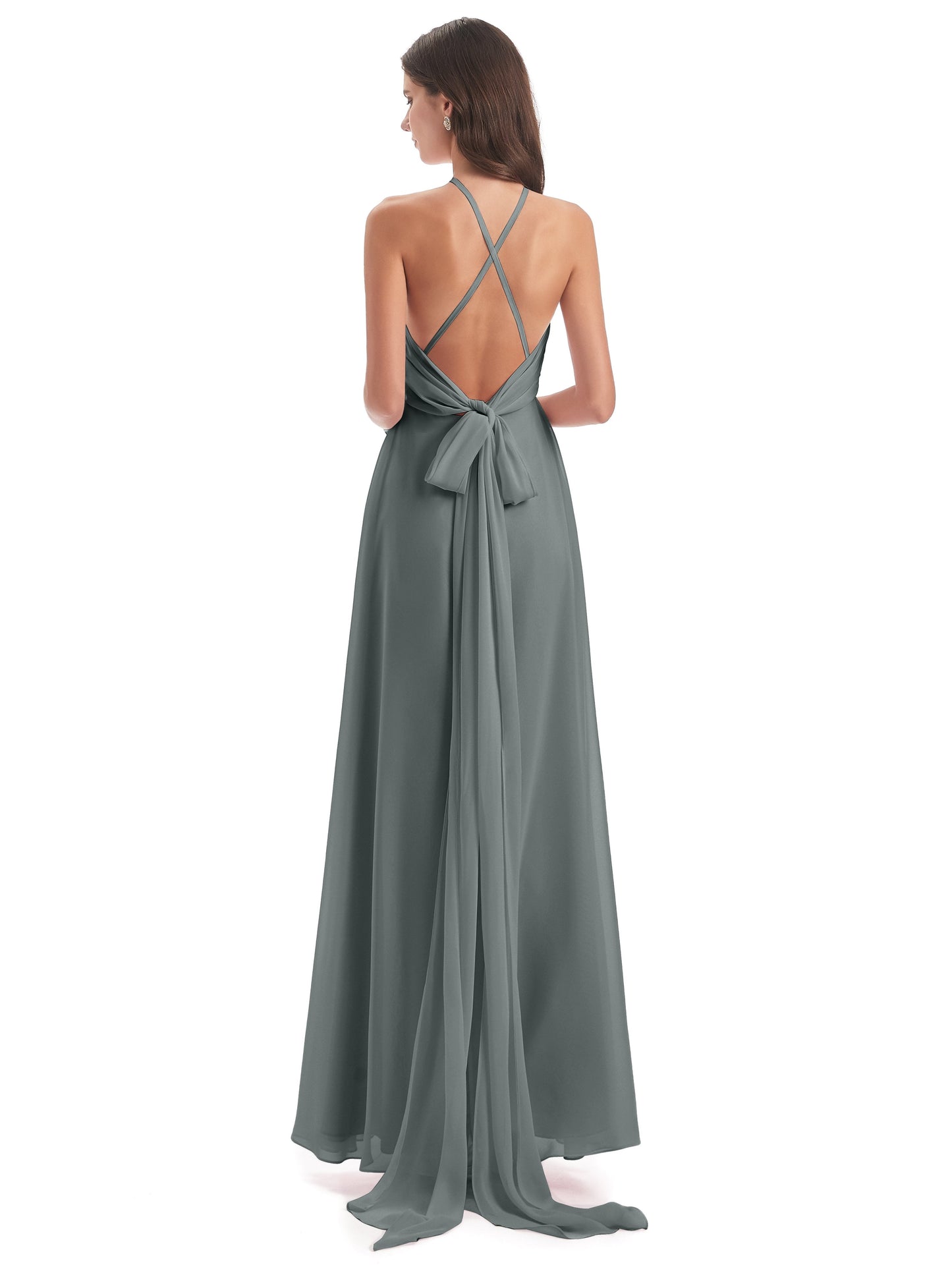 Samira Sheath Floor Length Halter Split Chiffon Bridesmaid Dresses