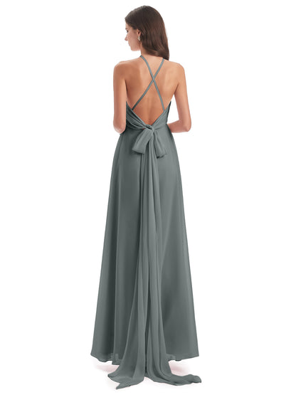 Samira Sheath Floor Length Halter Split Chiffon Bridesmaid Dresses