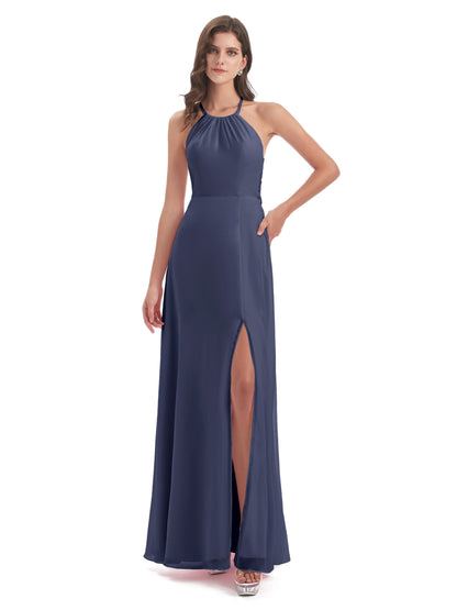 Samira Sheath Floor Length Halter Split Chiffon Bridesmaid Dresses