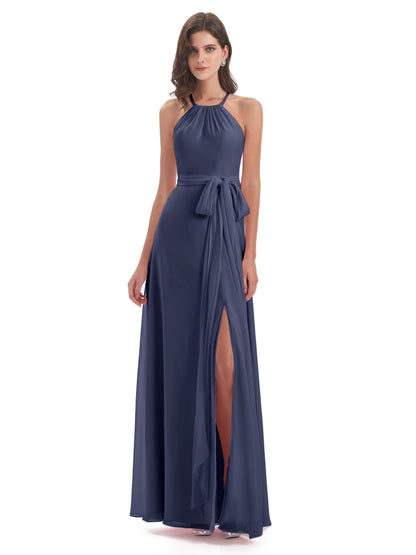 Samira Sheath Floor Length Halter Split Chiffon Bridesmaid Dresses