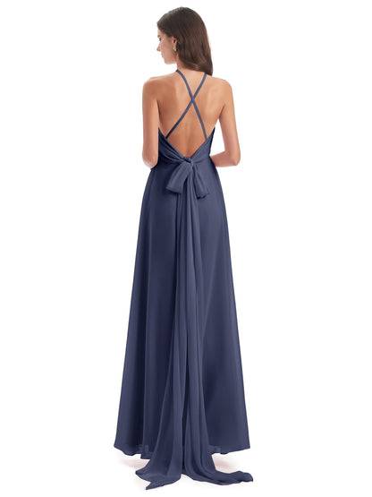 Samira Sheath Floor Length Halter Split Chiffon Bridesmaid Dresses