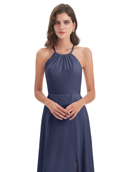 Samira Sheath Floor Length Halter Split Chiffon Bridesmaid Dresses