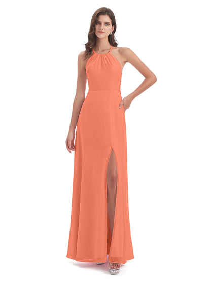 Samira Sheath Floor Length Halter Split Chiffon Bridesmaid Dresses