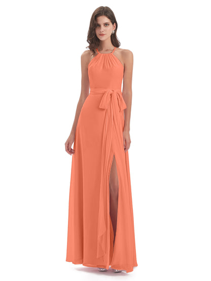 Samira Sheath Floor Length Halter Split Chiffon Bridesmaid Dresses