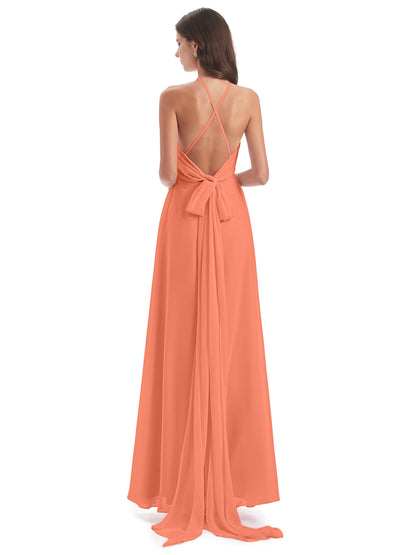 Samira Sheath Floor Length Halter Split Chiffon Bridesmaid Dresses