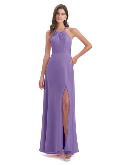 Samira Sheath Floor Length Halter Split Chiffon Bridesmaid Dresses