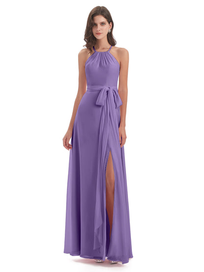 Samira Sheath Floor Length Halter Split Chiffon Bridesmaid Dresses