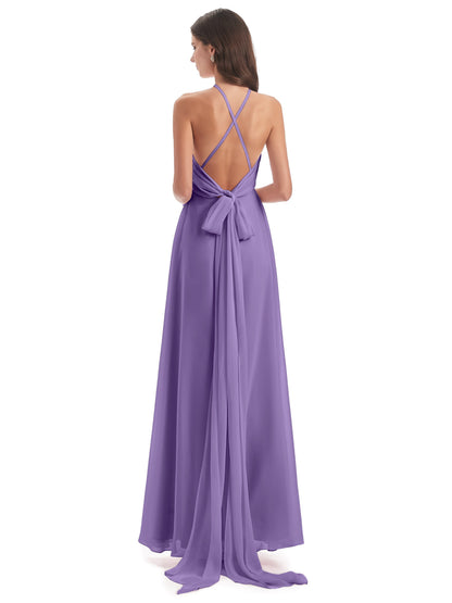 Samira Sheath Floor Length Halter Split Chiffon Bridesmaid Dresses