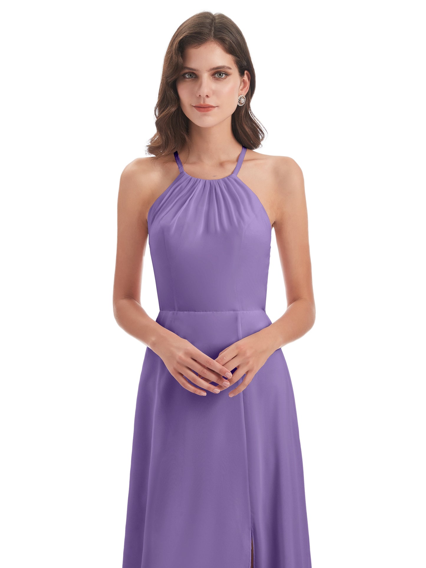 Samira Sheath Floor Length Halter Split Chiffon Bridesmaid Dresses