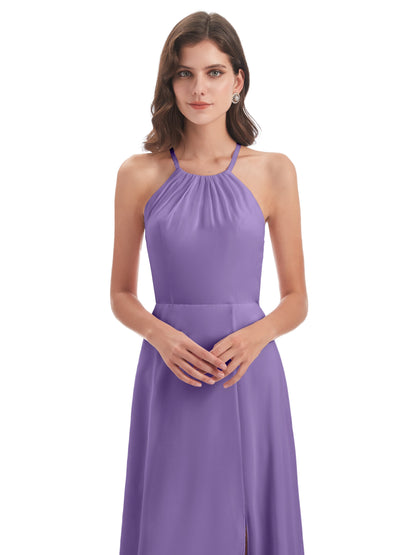 Samira Sheath Floor Length Halter Split Chiffon Bridesmaid Dresses