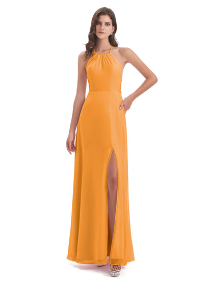 Samira Sheath Floor Length Halter Split Chiffon Bridesmaid Dresses