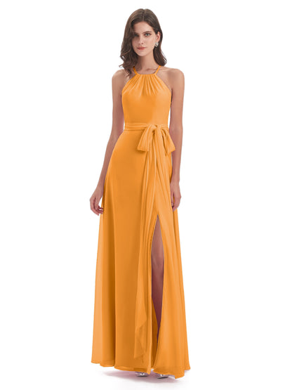 Samira Sheath Floor Length Halter Split Chiffon Bridesmaid Dresses