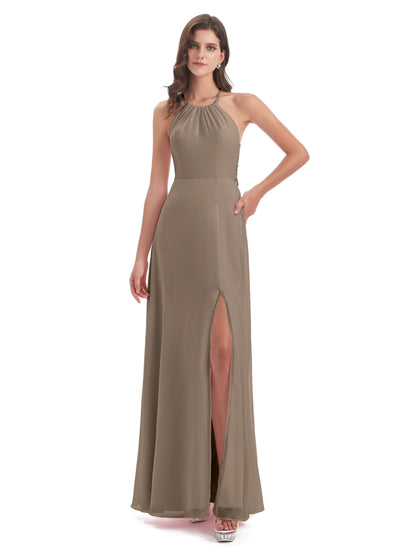 Samira Sheath Floor Length Halter Split Chiffon Bridesmaid Dresses