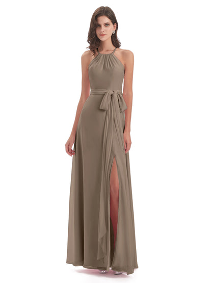 Samira Sheath Floor Length Halter Split Chiffon Bridesmaid Dresses