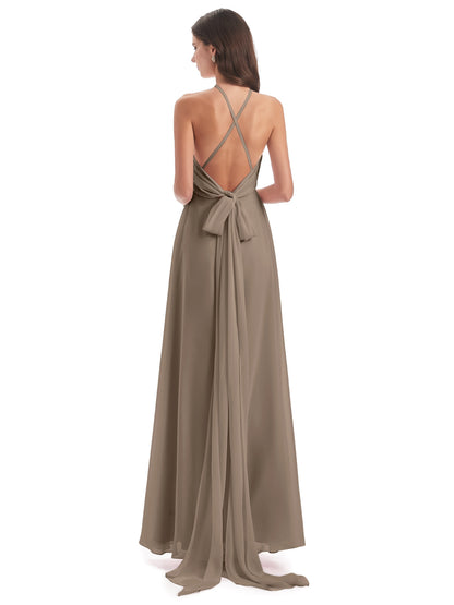 Samira Sheath Floor Length Halter Split Chiffon Bridesmaid Dresses