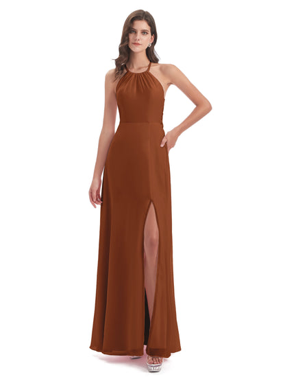 Samira Sheath Floor Length Halter Split Chiffon Bridesmaid Dresses