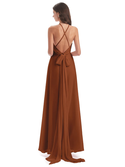 Samira Sheath Floor Length Halter Split Chiffon Bridesmaid Dresses