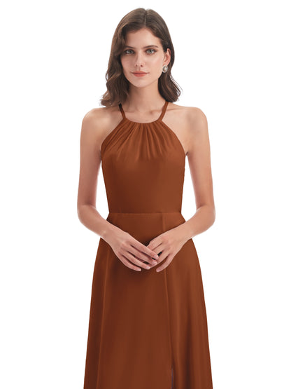 Samira Sheath Floor Length Halter Split Chiffon Bridesmaid Dresses