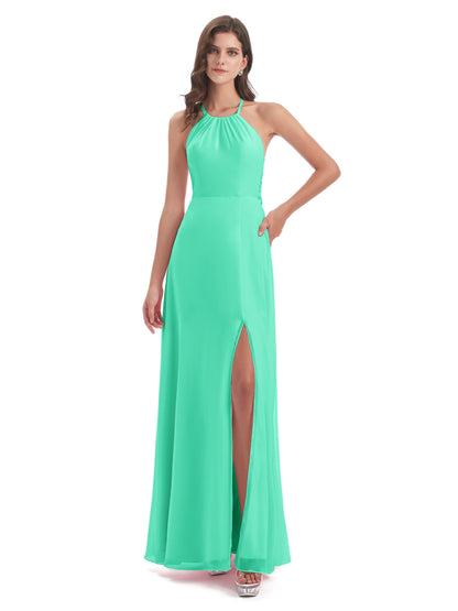 Samira Sheath Floor Length Halter Split Chiffon Bridesmaid Dresses