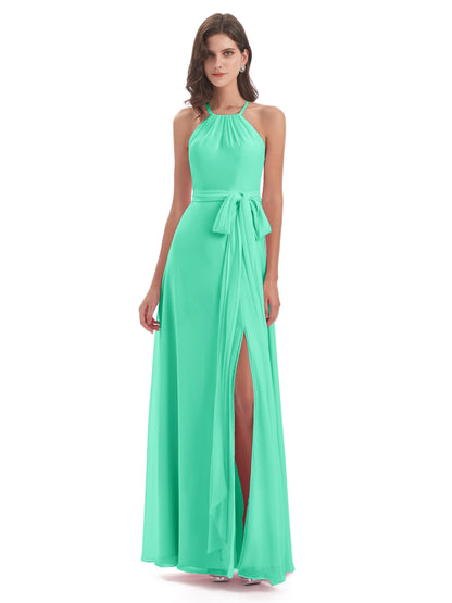 Samira Sheath Floor Length Halter Split Chiffon Bridesmaid Dresses