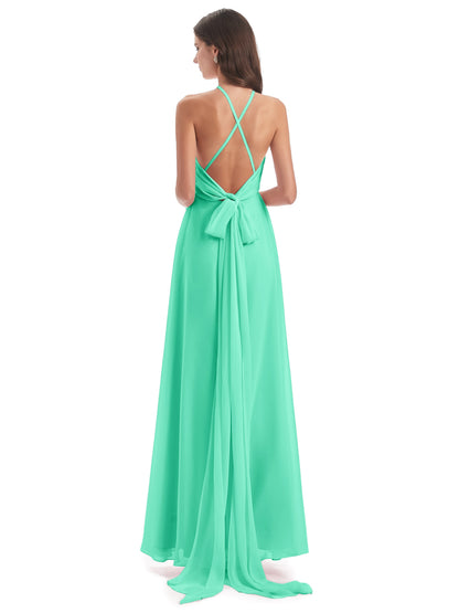 Samira Sheath Floor Length Halter Split Chiffon Bridesmaid Dresses
