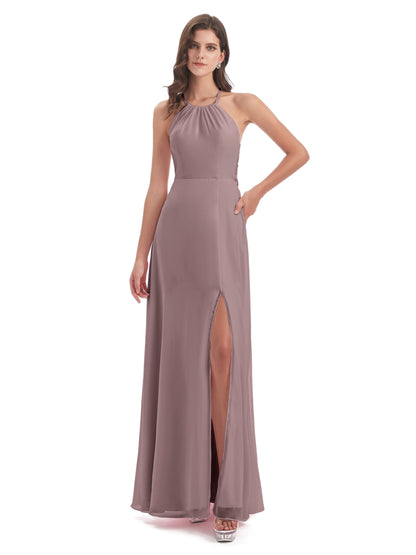 Samira Sheath Floor Length Halter Split Chiffon Bridesmaid Dresses