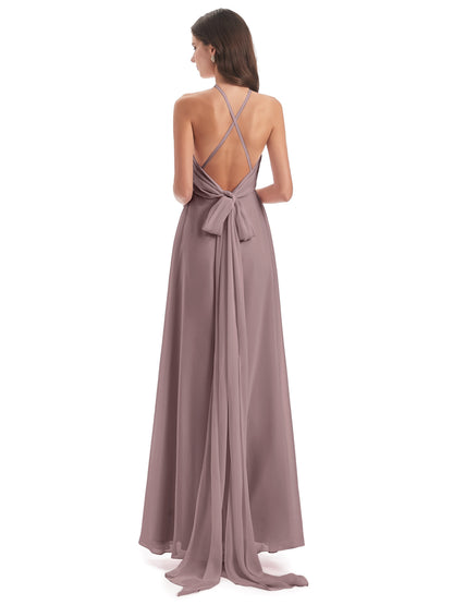 Samira Sheath Floor Length Halter Split Chiffon Bridesmaid Dresses