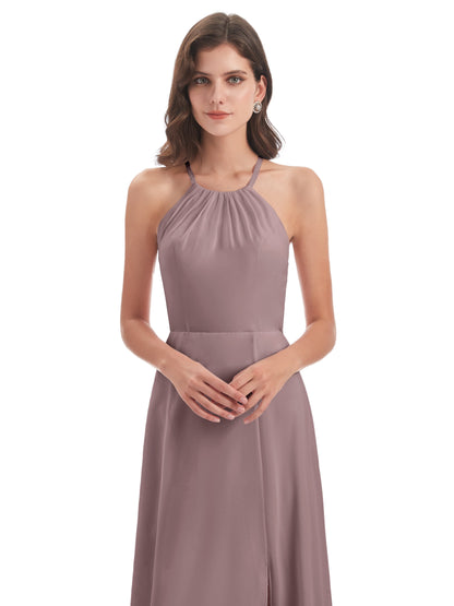 Samira Sheath Floor Length Halter Split Chiffon Bridesmaid Dresses