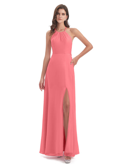 Samira Sheath Floor Length Halter Split Chiffon Bridesmaid Dresses