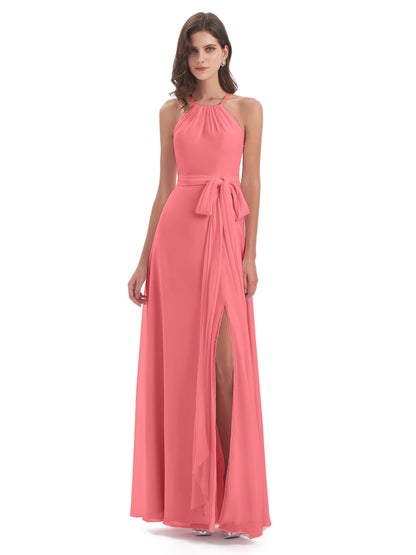 Samira Sheath Floor Length Halter Split Chiffon Bridesmaid Dresses