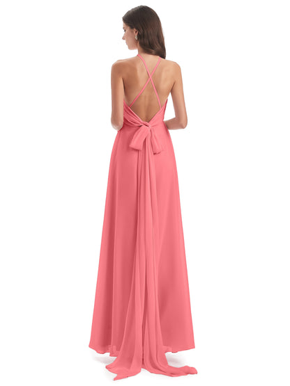 Samira Sheath Floor Length Halter Split Chiffon Bridesmaid Dresses