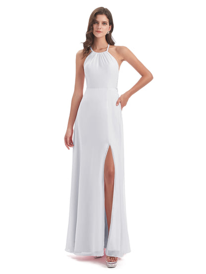 Samira Sheath Floor Length Halter Split Chiffon Bridesmaid Dresses
