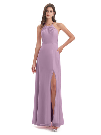 Samira Sheath Floor Length Halter Split Chiffon Bridesmaid Dresses